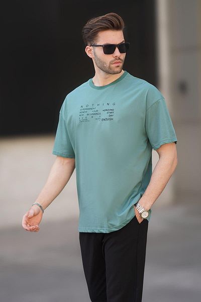Madmext Ανδρικό μπλουζάκι Crew Neck Green Overfit - με στάμπα στην πλάτη, κοντό μανίκι 7037
