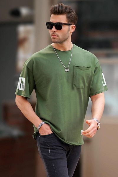 Madmext Ανδρικό T-Shirt - Χακί λεπτομέρεια τσέπης, στάμπα μανίκι, βασικό μοντέλο 7016