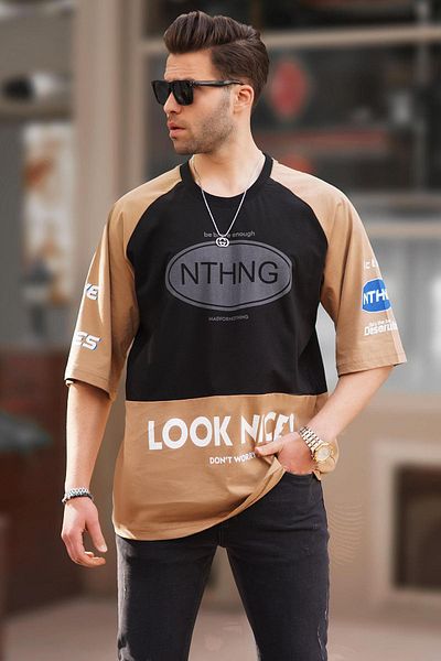 Madmext Ανδρικό μαύρο μπλουζάκι 7027 Model - Crew Neck, Color Block Print
