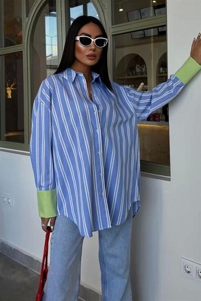 Butik Sleeve Cuff Detail Striped Oversize Shirt 3405