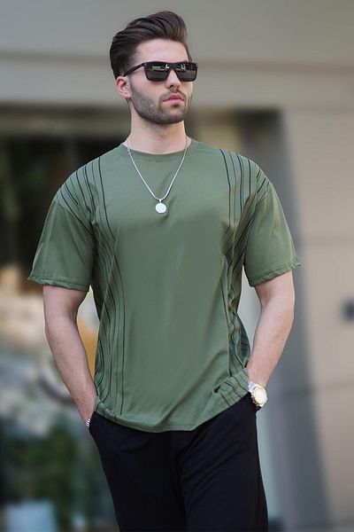 Madmext Cotton Grey Overfit T-Shirt - Khaki Crew Neck, Color Detailed 7038