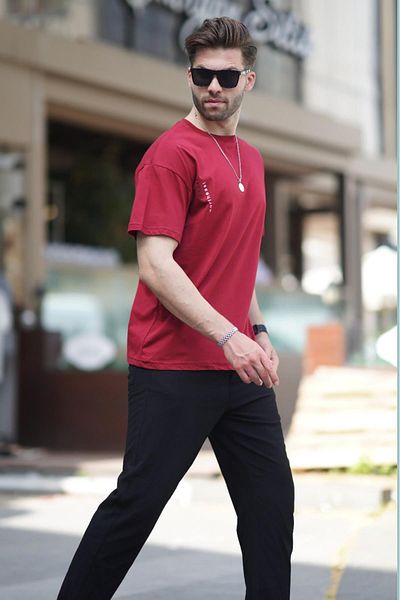 Madmext Claret Red Overfit Short Sleeve T-Shirt - Crew Neck, Printed 7036