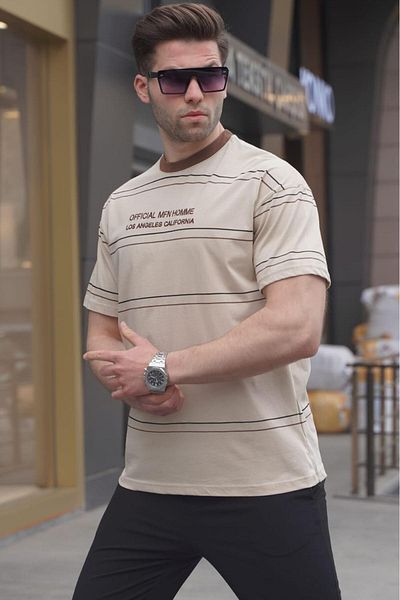 Madmext Ανδρικό T-Shirt με λαιμόκοψη σε μπεζ ριγέ άνετη εφαρμογή 6063