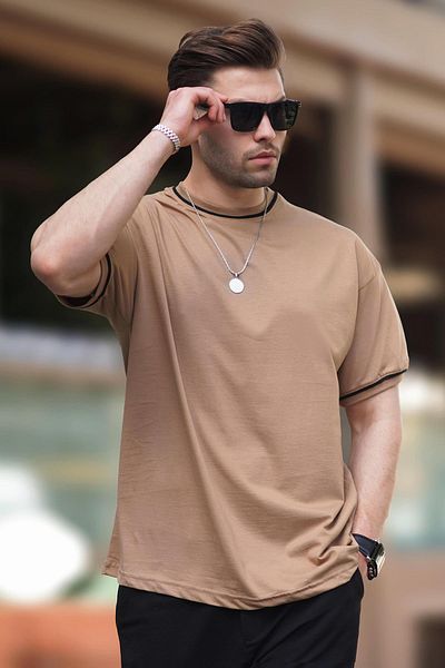 Madmext Overfit T-Shirt Mink - Crew Neck, Sleeve Stripe, 7024