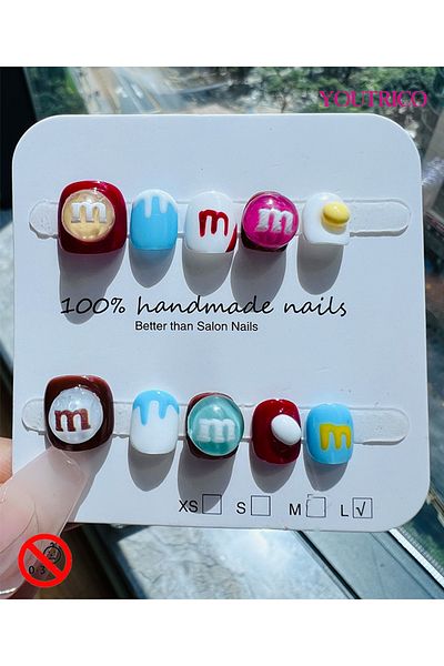 Youtrico Kid Press-on Nails 100% Handmade M&M's Green, Safe for 3+ ,L