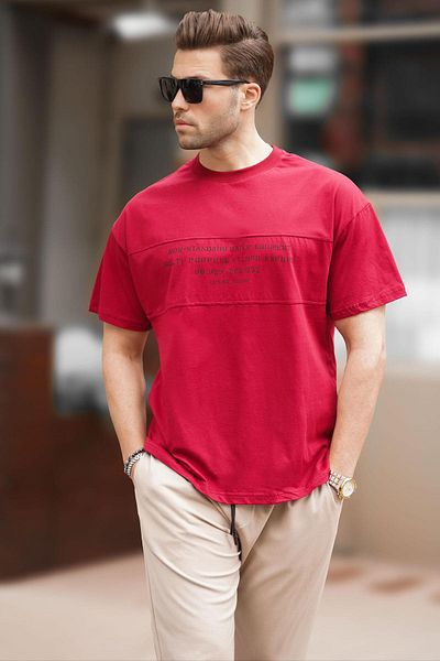 Madmext Ανδρικό μπλουζάκι με στάμπα Oversize - Crew Neck, Claret Red 7018