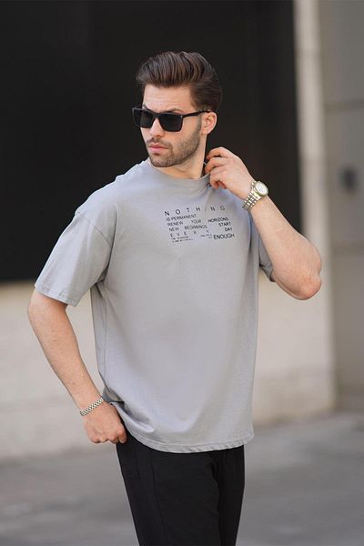 Madmext Γκρι ανδρικό μπλουζάκι Overfit - Crew Neck, στάμπα στην πλάτη, κοντό μανίκι 7037