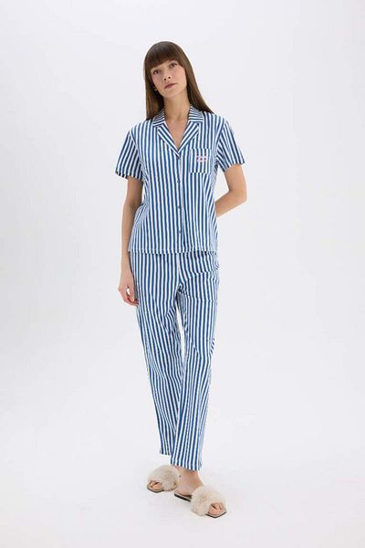 DeFacto New Season Pajama Set Striped Short Sleeve Top Stretchy Waisted Long Bottom-Fall in Love