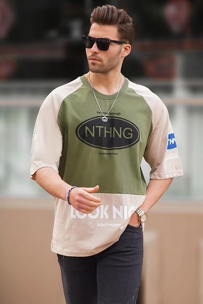 Madmext Ανδρικό μπλουζάκι Color Blocked Printed Khaki - Crew Neck 7027