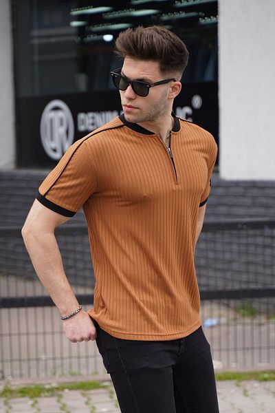 Madmext Pánské česané bavlněné tričko s velbloudím límečkem na zip