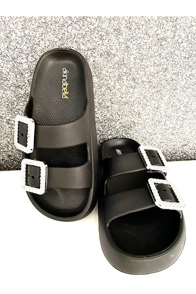 Akınal Bella Stone Double Buckle Comfortable Orthopedic Slippers Black