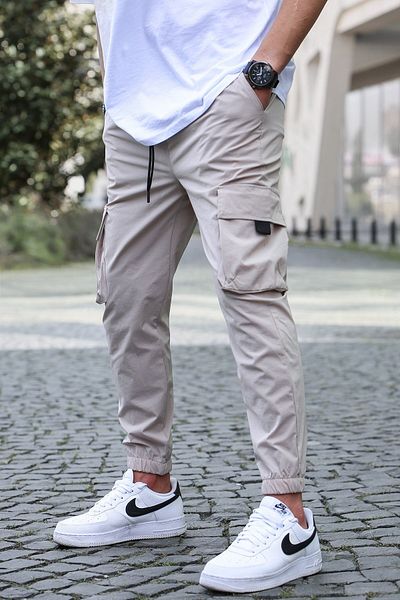 Madmext Béžové nohavice Cargo Pocket Pánske Jogger Nohavice 5461