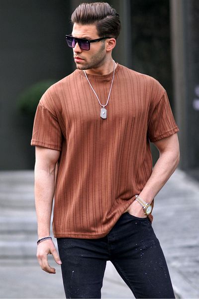 Madmext Καφέ ανδρικό μπλουζάκι Oversize Crew Neck 6179