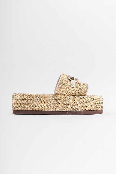 SHOEMARK Vera Beige Buckle Detailed Wedge Heel Straw Women's Slippers