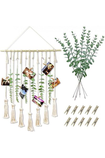 Amurhey Wall Decoration With Eucalyptus And Photo Clips, Macrame/wood, Green/white, 90 X 40 Cm