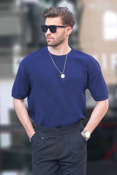 Madmext Ανδρικό μπλουζάκι με λαιμόκοψη Navy Blue Knitwear - Κοντό μανίκι 6899