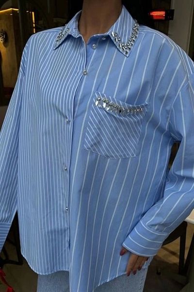 Butik Striped over Shirt with Stones on Collar and Pocket 3406