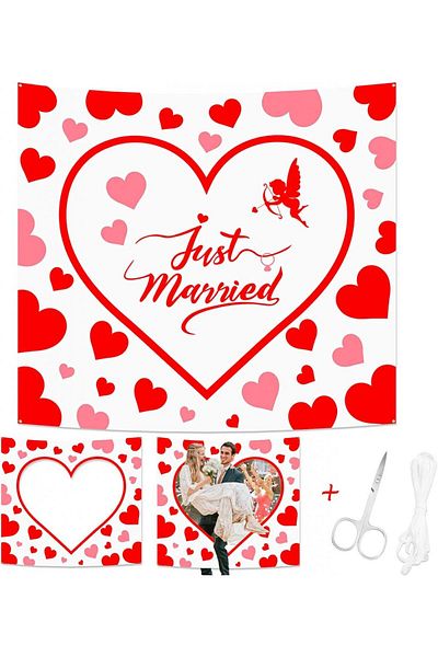 HOWAF wedding backdrop with scissors, polyester, heart, white/red, 2 x 1.8 m