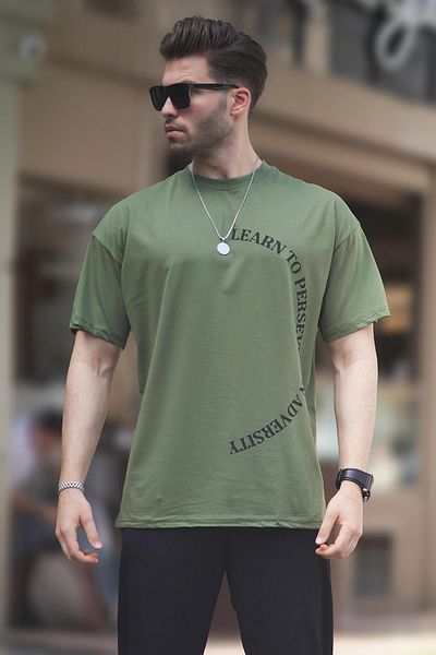 Madmext Μπλουζάκι με κοντό μανίκι 7040 Model KHaki Overfit Crew με στάμπα