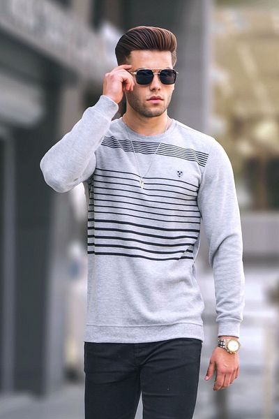 Madmext Gray Striped Crew Neck Knitwear Sweater 5961