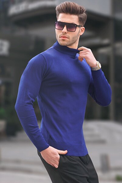 Madmext Pulover tricotat pentru bărbați Cobalt Slim Fit cu guler pe gât 6343