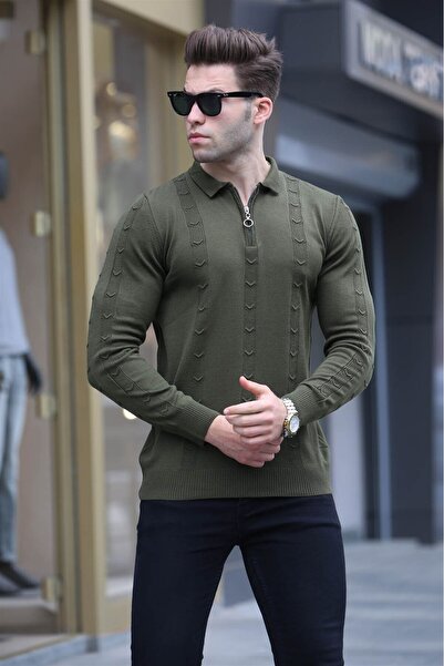 Madmext Khaki Zipper Detailed Knitwear Sweater 5606