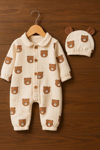 yudemia Muslin Baby Boy Rompers with Teddy Bear Hat, Newborn Shooting Outfit