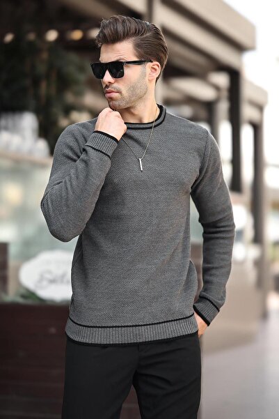 Madmext Crew Neck Striped Long Sleeve Knitted Sweater - Anthracite 7245