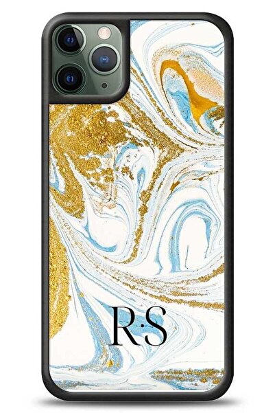 Dafoni Glossy iPhone 11 Pro Max Kişiye Özel Harfli Simli Gold Mermer Kılıf