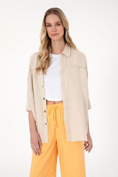 U.S. Polo Assn. Women's Stone Long Sleeve Linen Tunic Shirt 50305939-Vr049