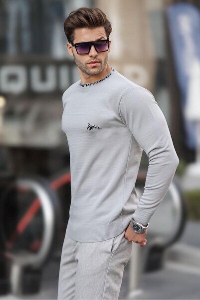 Madmext Ανδρικό πλεκτό πουλόβερ Grey Crew Neck 6847