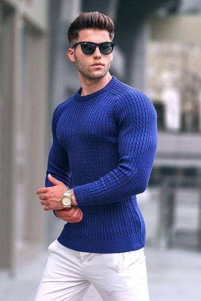 Madmext Hellmarineblauer Strickpullover mit Rundhalsausschnitt 5760