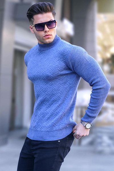 Madmext Pulover de tricotaj pe jumătate cu gât rotic albastru aviator 5969