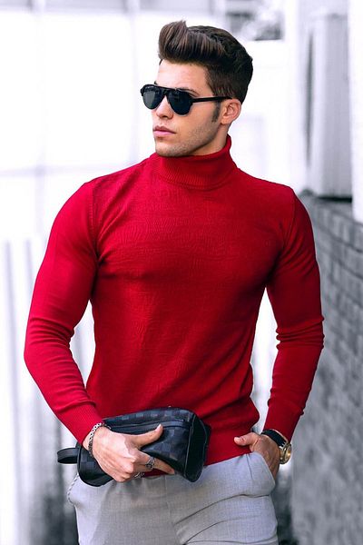 Madmext Roter Rollkragenpullover mit Muster vorne 4657