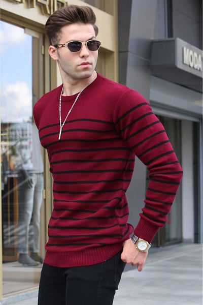 Madmext Pulover tricot cu dungi roșii Claret 5992