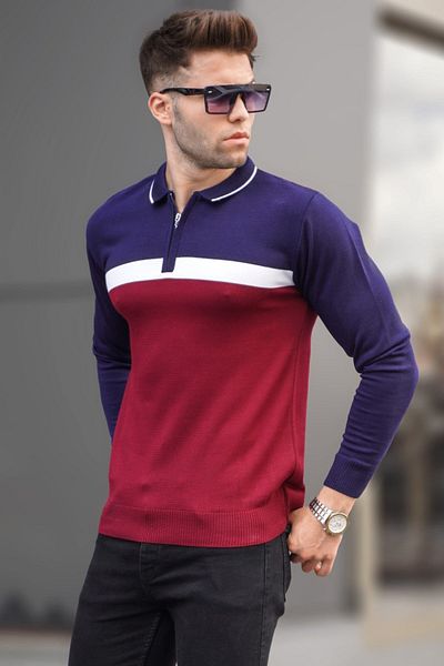 Madmext Claret Red Zippered Polo Collar Knitwear Sweater 5787
