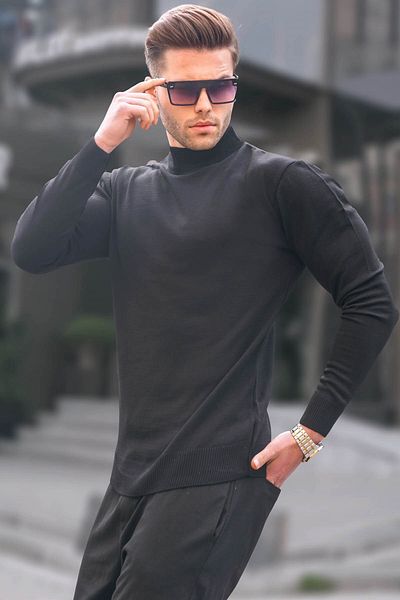 Madmext Pulover de tricotaj pentru bărbați, negru, slim fit, cu jumătate de gât țesut 6343