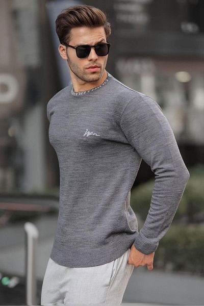 Madmext Anthrazitfarbener Herren-Strickpullover mit Rundhalsausschnitt 6847