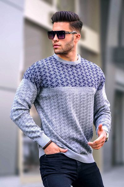 Madmext Grau gemusterter Herren Strickpullover 5977