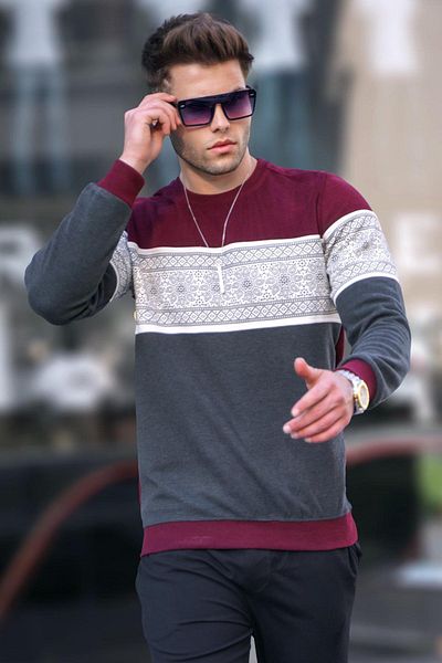Madmext Πλεκτό πουλόβερ Claret Red Jacquard με λαιμόκοψη 5966