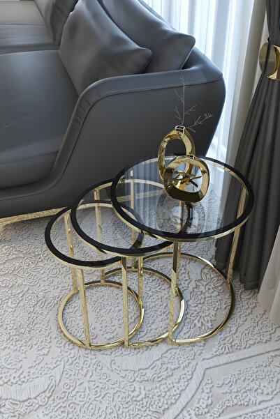 Puklife Pera 3lü Zigon Sehpa Gold Renk Metal Ayak, Füme Temperli Cam