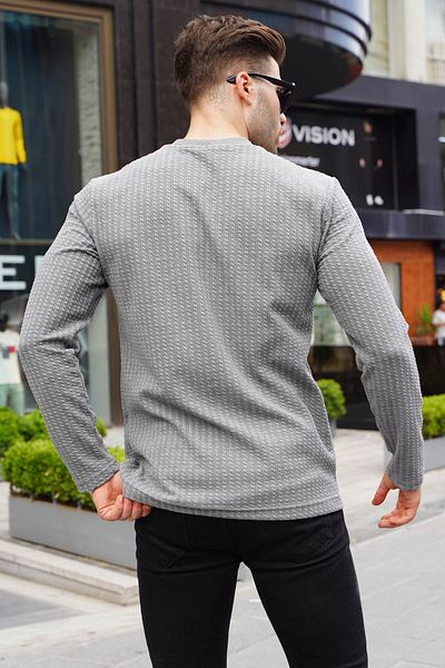 Madmext Gray Waffle Fabric Basic Sweater 6007