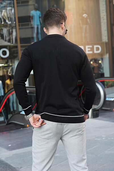 Madmext Pulover pentru bărbați, negru, cu fermoar, gâtul polo, tricotaj, 6823