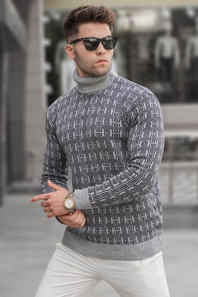 Madmext Gray Patterned Turtleneck Knitwear Sweater 5768