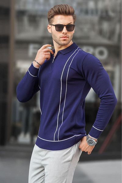 Madmext Marineblauer Strickpullover für Herren mit Polokragen und Reißverschluss 6823