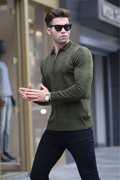 Madmext Khaki Zipper Detailed Knitwear Sweater 5606