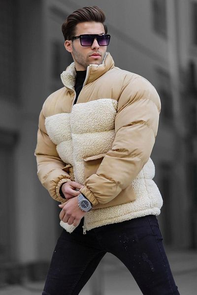 Madmext Beige Pufferjacke für Herren mit Stehkragen 6860