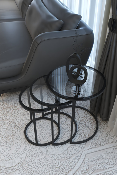 Puklife Pera 3lü Zigon Sehpa Siyah Renk Metal Ayak, Temperli Füme Cam