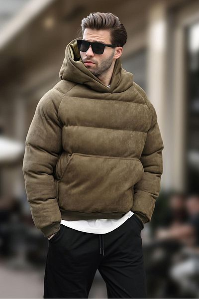 Madmext Khakifarbene Pufferjacke mit Kapuze für Herren – 7235