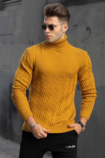 Madmext Musztardowy, wzorzysty sweter z golfem 4655